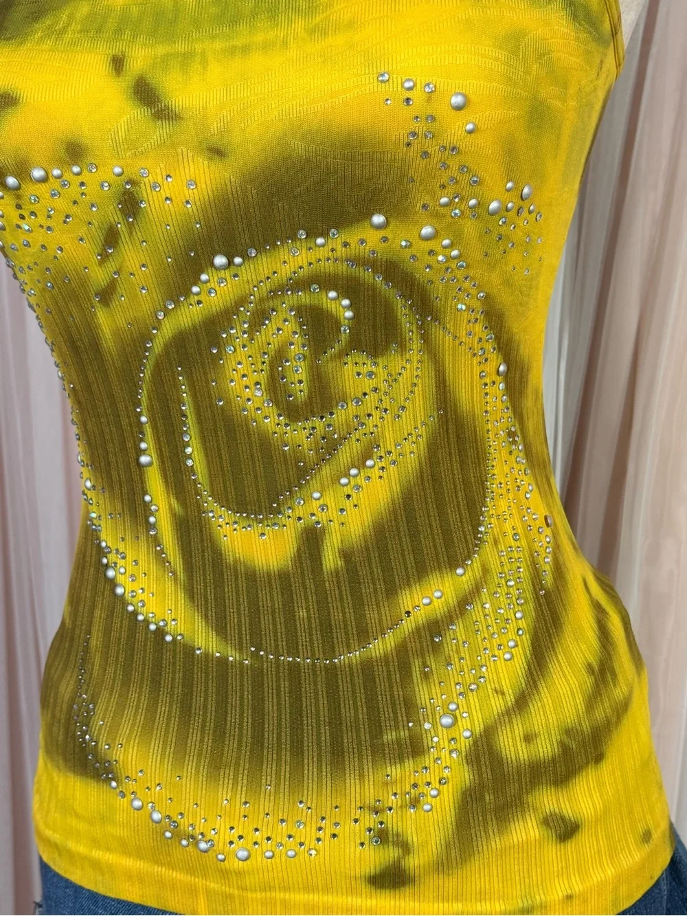 Yellow Rose-Print Chain-Strap Rhinestone Tank Top - Picture 8 of 10